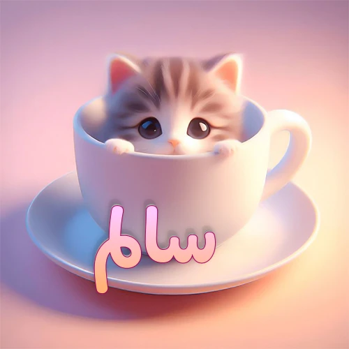 صورة فنية لقطة كرتونية كيوت ذات عيون واسعة وشعر مخطط، تطل من كوب شاي أبيض على صحن مطابق، مع اسم سالم مكتوب بخط عربي زهري وبرتقالي متدرج على الجزء السفلي من الكوب والصحن. الخلفية وردية ناعمة. هذه الصورة مثالية لـ سالم كرمزية أو خلفية شخصية.