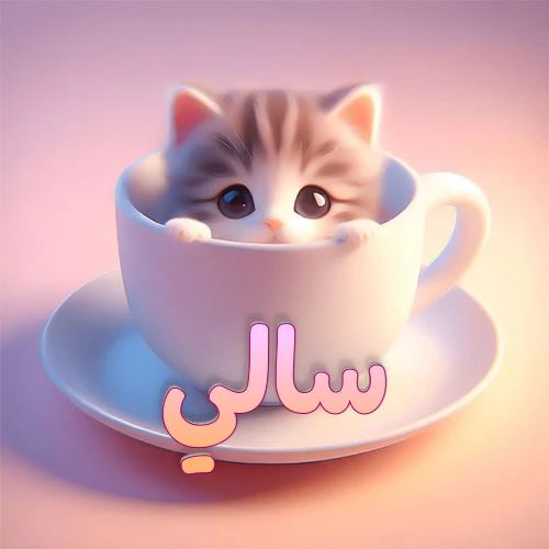 صورة فنية لقطة كرتونية كيوت ذات عيون واسعة وشعر مخطط، تطل من كوب شاي أبيض على صحن مطابق، مع اسم سالي مكتوب بخط عربي زهري وبرتقالي متدرج على الجزء السفلي من الكوب والصحن. الخلفية وردية ناعمة. هذه الصورة مثالية لـ سالي كرمزية أو خلفية شخصية.