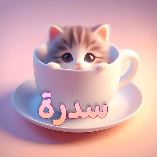 صورة فنية لقطة كرتونية كيوت ذات عيون واسعة وشعر مخطط، تطل من كوب شاي أبيض على صحن مطابق، مع اسم سدرة مكتوب بخط عربي زهري وبرتقالي متدرج على الجزء السفلي من الكوب والصحن. الخلفية وردية ناعمة. هذه الصورة مثالية لـ سدرة كرمزية أو خلفية شخصية.