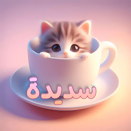 صورة فنية لقطة كرتونية كيوت ذات عيون واسعة وشعر مخطط، تطل من كوب شاي أبيض على صحن مطابق، مع اسم سديدة مكتوب بخط عربي زهري وبرتقالي متدرج على الجزء السفلي من الكوب والصحن. الخلفية وردية ناعمة. هذه الصورة مثالية لـ سديدة كرمزية أو خلفية شخصية.