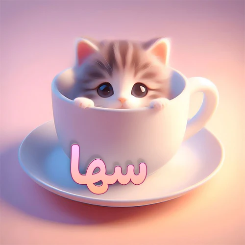 صورة فنية لقطة كرتونية كيوت ذات عيون واسعة وشعر مخطط، تطل من كوب شاي أبيض على صحن مطابق، مع اسم سها مكتوب بخط عربي زهري وبرتقالي متدرج على الجزء السفلي من الكوب والصحن. الخلفية وردية ناعمة. هذه الصورة مثالية لـ سها كرمزية أو خلفية شخصية.