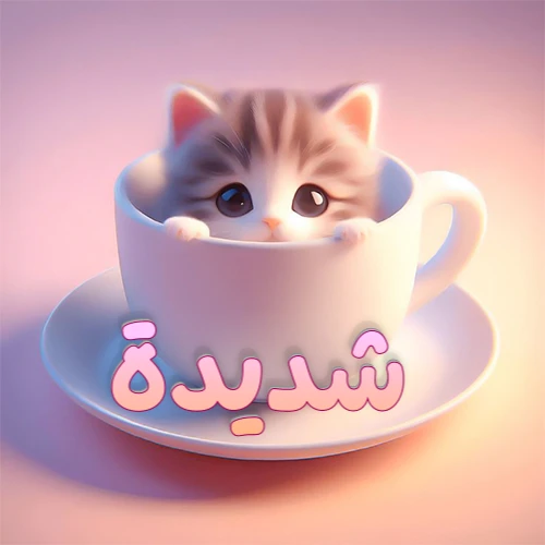 صورة فنية لقطة كرتونية كيوت ذات عيون واسعة وشعر مخطط، تطل من كوب شاي أبيض على صحن مطابق، مع اسم شديدة مكتوب بخط عربي زهري وبرتقالي متدرج على الجزء السفلي من الكوب والصحن. الخلفية وردية ناعمة. هذه الصورة مثالية لـ شديدة كرمزية أو خلفية شخصية.