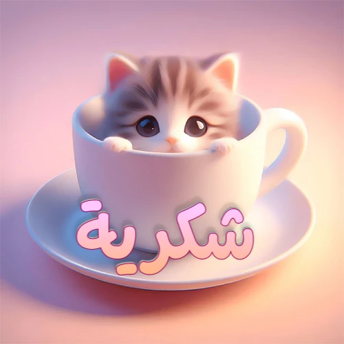 صورة فنية لقطة كرتونية كيوت ذات عيون واسعة وشعر مخطط، تطل من كوب شاي أبيض على صحن مطابق، مع اسم شكرية مكتوب بخط عربي زهري وبرتقالي متدرج على الجزء السفلي من الكوب والصحن. الخلفية وردية ناعمة. هذه الصورة مثالية لـ شكرية كرمزية أو خلفية شخصية.