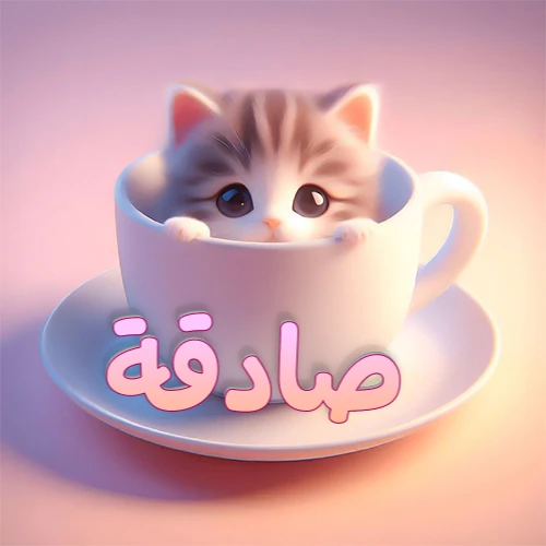 صورة فنية لقطة كرتونية كيوت ذات عيون واسعة وشعر مخطط، تطل من كوب شاي أبيض على صحن مطابق، مع اسم صادقة مكتوب بخط عربي زهري وبرتقالي متدرج على الجزء السفلي من الكوب والصحن. الخلفية وردية ناعمة. هذه الصورة مثالية لـ صادقة كرمزية أو خلفية شخصية.