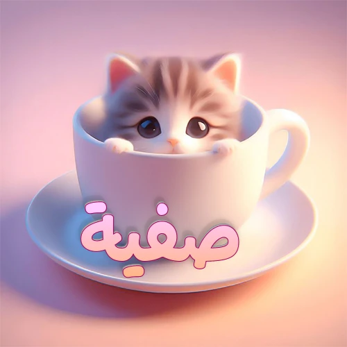 صورة فنية لقطة كرتونية كيوت ذات عيون واسعة وشعر مخطط، تطل من كوب شاي أبيض على صحن مطابق، مع اسم صفية مكتوب بخط عربي زهري وبرتقالي متدرج على الجزء السفلي من الكوب والصحن. الخلفية وردية ناعمة. هذه الصورة مثالية لـ صفية كرمزية أو خلفية شخصية.