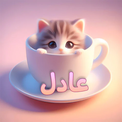 صورة فنية لقطة كرتونية كيوت ذات عيون واسعة وشعر مخطط، تطل من كوب شاي أبيض على صحن مطابق، مع اسم عادل مكتوب بخط عربي زهري وبرتقالي متدرج على الجزء السفلي من الكوب والصحن. الخلفية وردية ناعمة. هذه الصورة مثالية لـ عادل كرمزية أو خلفية شخصية.