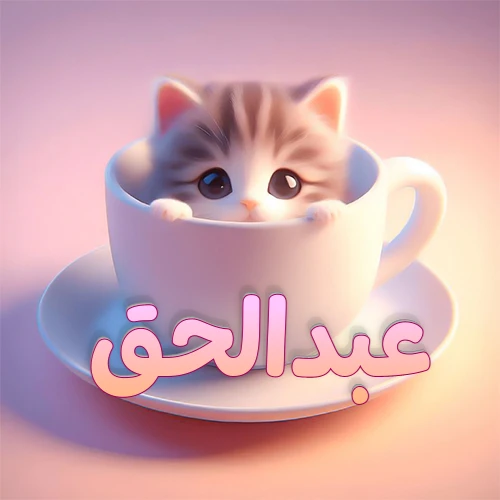 صورة فنية لقطة كرتونية كيوت ذات عيون واسعة وشعر مخطط، تطل من كوب شاي أبيض على صحن مطابق، مع اسم عبدالحق مكتوب بخط عربي زهري وبرتقالي متدرج على الجزء السفلي من الكوب والصحن. الخلفية وردية ناعمة. هذه الصورة مثالية لـ عبدالحق كرمزية أو خلفية شخصية.