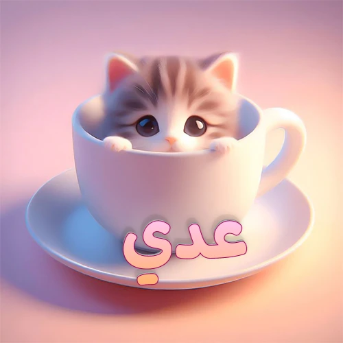 صورة فنية لقطة كرتونية كيوت ذات عيون واسعة وشعر مخطط، تطل من كوب شاي أبيض على صحن مطابق، مع اسم عدي مكتوب بخط عربي زهري وبرتقالي متدرج على الجزء السفلي من الكوب والصحن. الخلفية وردية ناعمة. هذه الصورة مثالية لـ عدي كرمزية أو خلفية شخصية.