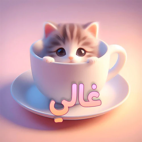 صورة فنية لقطة كرتونية كيوت ذات عيون واسعة وشعر مخطط، تطل من كوب شاي أبيض على صحن مطابق، مع اسم غالي مكتوب بخط عربي زهري وبرتقالي متدرج على الجزء السفلي من الكوب والصحن. الخلفية وردية ناعمة. هذه الصورة مثالية لـ غالي كرمزية أو خلفية شخصية.