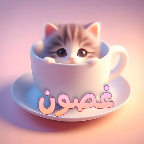 صورة فنية لقطة كرتونية كيوت ذات عيون واسعة وشعر مخطط، تطل من كوب شاي أبيض على صحن مطابق، مع اسم غصون مكتوب بخط عربي زهري وبرتقالي متدرج على الجزء السفلي من الكوب والصحن. الخلفية وردية ناعمة. هذه الصورة مثالية لـ غصون كرمزية أو خلفية شخصية.