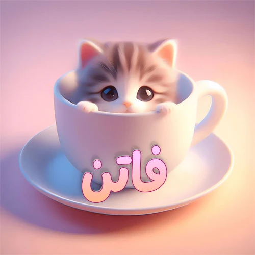 صورة فنية لقطة كرتونية كيوت ذات عيون واسعة وشعر مخطط، تطل من كوب شاي أبيض على صحن مطابق، مع اسم فاتن مكتوب بخط عربي زهري وبرتقالي متدرج على الجزء السفلي من الكوب والصحن. الخلفية وردية ناعمة. هذه الصورة مثالية لـ فاتن كرمزية أو خلفية شخصية.