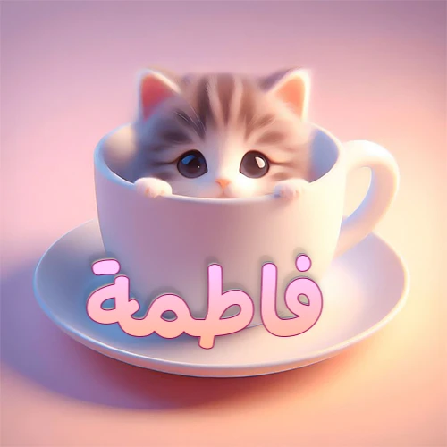 صورة فنية لقطة كرتونية كيوت ذات عيون واسعة وشعر مخطط، تطل من كوب شاي أبيض على صحن مطابق، مع اسم فاطمة مكتوب بخط عربي زهري وبرتقالي متدرج على الجزء السفلي من الكوب والصحن. الخلفية وردية ناعمة. هذه الصورة مثالية لـ فاطمة كرمزية أو خلفية شخصية.