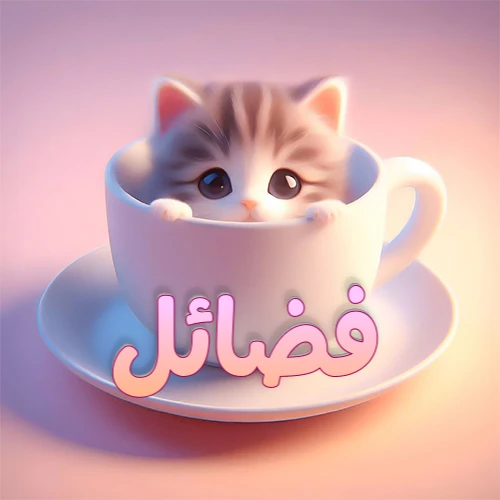صورة فنية لقطة كرتونية كيوت ذات عيون واسعة وشعر مخطط، تطل من كوب شاي أبيض على صحن مطابق، مع اسم فضائل مكتوب بخط عربي زهري وبرتقالي متدرج على الجزء السفلي من الكوب والصحن. الخلفية وردية ناعمة. هذه الصورة مثالية لـ فضائل كرمزية أو خلفية شخصية.