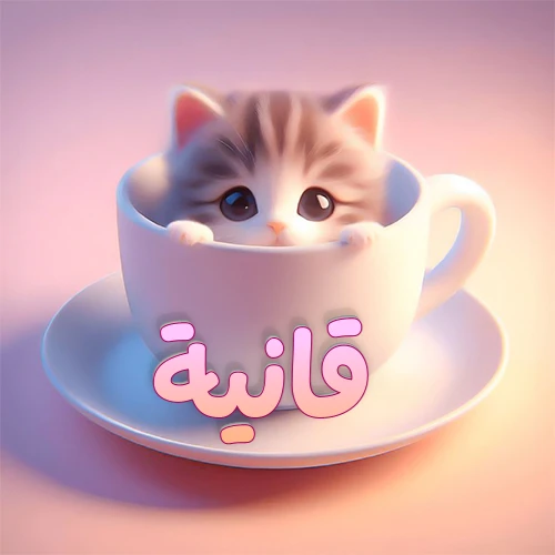 صورة فنية لقطة كرتونية كيوت ذات عيون واسعة وشعر مخطط، تطل من كوب شاي أبيض على صحن مطابق، مع اسم قانية مكتوب بخط عربي زهري وبرتقالي متدرج على الجزء السفلي من الكوب والصحن. الخلفية وردية ناعمة. هذه الصورة مثالية لـ قانية كرمزية أو خلفية شخصية.