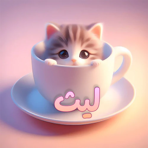 صورة فنية لقطة كرتونية كيوت ذات عيون واسعة وشعر مخطط، تطل من كوب شاي أبيض على صحن مطابق، مع اسم ليث مكتوب بخط عربي زهري وبرتقالي متدرج على الجزء السفلي من الكوب والصحن. الخلفية وردية ناعمة. هذه الصورة مثالية لـ ليث كرمزية أو خلفية شخصية.