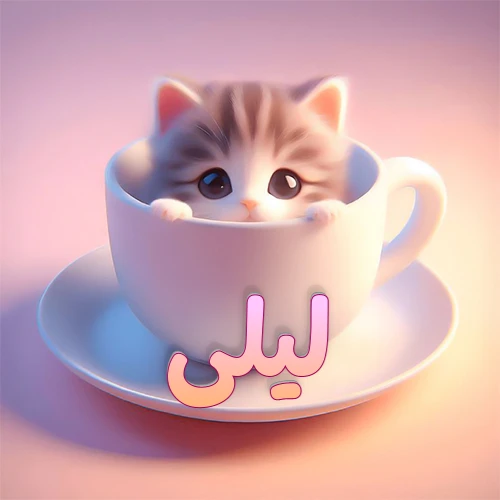 صورة فنية لقطة كرتونية كيوت ذات عيون واسعة وشعر مخطط، تطل من كوب شاي أبيض على صحن مطابق، مع اسم ليلى مكتوب بخط عربي زهري وبرتقالي متدرج على الجزء السفلي من الكوب والصحن. الخلفية وردية ناعمة. هذه الصورة مثالية لـ ليلى كرمزية أو خلفية شخصية.