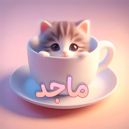صورة فنية لقطة كرتونية كيوت ذات عيون واسعة وشعر مخطط، تطل من كوب شاي أبيض على صحن مطابق، مع اسم ماجد مكتوب بخط عربي زهري وبرتقالي متدرج على الجزء السفلي من الكوب والصحن. الخلفية وردية ناعمة. هذه الصورة مثالية لـ ماجد كرمزية أو خلفية شخصية.
