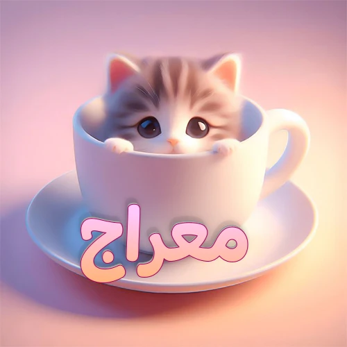 صورة فنية لقطة كرتونية كيوت ذات عيون واسعة وشعر مخطط، تطل من كوب شاي أبيض على صحن مطابق، مع اسم معراج مكتوب بخط عربي زهري وبرتقالي متدرج على الجزء السفلي من الكوب والصحن. الخلفية وردية ناعمة. هذه الصورة مثالية لـ معراج كرمزية أو خلفية شخصية.