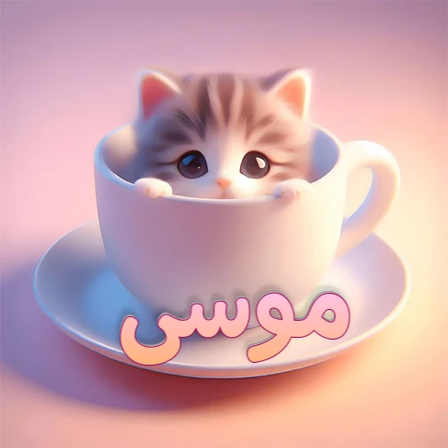 صورة فنية لقطة كرتونية كيوت ذات عيون واسعة وشعر مخطط، تطل من كوب شاي أبيض على صحن مطابق، مع اسم موسى مكتوب بخط عربي زهري وبرتقالي متدرج على الجزء السفلي من الكوب والصحن. الخلفية وردية ناعمة. هذه الصورة مثالية لـ موسى كرمزية أو خلفية شخصية.
