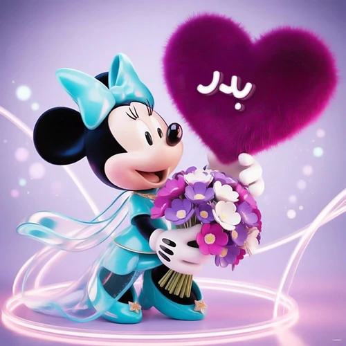 صورة ثلاثية الأبعاد لشخصية ميني ماوس ترتدي فستانًا أزرق سماوي وتزين شعرها بفيونكة بنفس اللون، تحمل باقة زهور بنفسجية وبيضاء وقالب قلب أرجواني كثيف يبرز عليه اسم بدر بخط أبيض أنيق. خلفية متدرجة بألوان هادئة وإضاءات متوهجة تضفي سحراً خاصاً، مثالية لتهنئة بدر أو كصورة شخصية تعبيرية.