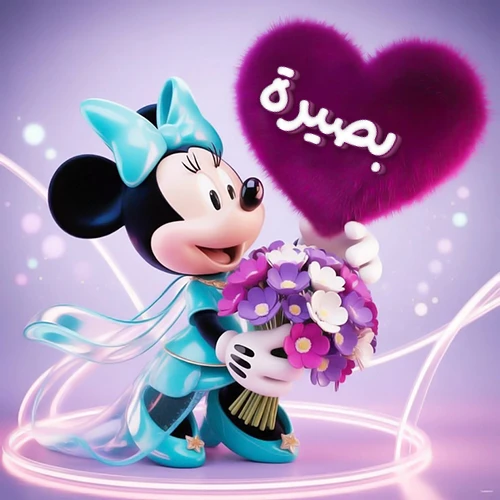 صورة ثلاثية الأبعاد لشخصية ميني ماوس ترتدي فستانًا أزرق سماوي وتزين شعرها بفيونكة بنفس اللون، تحمل باقة زهور بنفسجية وبيضاء وقالب قلب أرجواني كثيف يبرز عليه اسم بصيرة بخط أبيض أنيق. خلفية متدرجة بألوان هادئة وإضاءات متوهجة تضفي سحراً خاصاً، مثالية لتهنئة بصيرة أو كصورة شخصية تعبيرية.