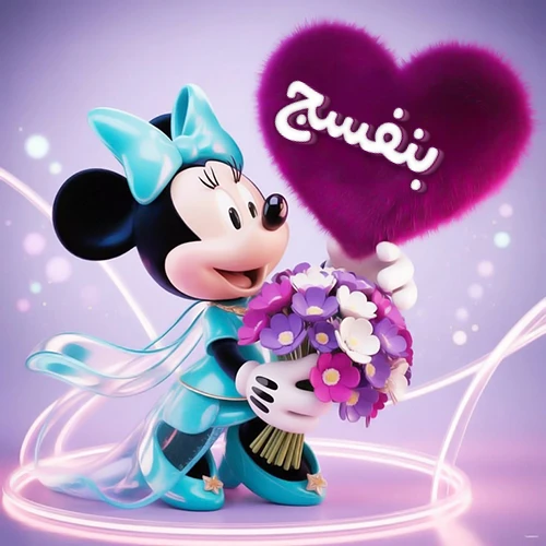 صورة ثلاثية الأبعاد لشخصية ميني ماوس ترتدي فستانًا أزرق سماوي وتزين شعرها بفيونكة بنفس اللون، تحمل باقة زهور بنفسجية وبيضاء وقالب قلب أرجواني كثيف يبرز عليه اسم بنفسج بخط أبيض أنيق. خلفية متدرجة بألوان هادئة وإضاءات متوهجة تضفي سحراً خاصاً، مثالية لتهنئة بنفسج أو كصورة شخصية تعبيرية.