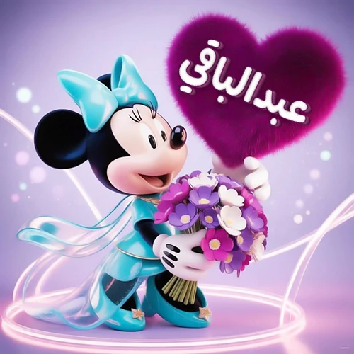 صورة ثلاثية الأبعاد لشخصية ميني ماوس ترتدي فستانًا أزرق سماوي وتزين شعرها بفيونكة بنفس اللون، تحمل باقة زهور بنفسجية وبيضاء وقالب قلب أرجواني كثيف يبرز عليه اسم عبدالباقي بخط أبيض أنيق. خلفية متدرجة بألوان هادئة وإضاءات متوهجة تضفي سحراً خاصاً، مثالية لتهنئة عبدالباقي أو كصورة شخصية تعبيرية.