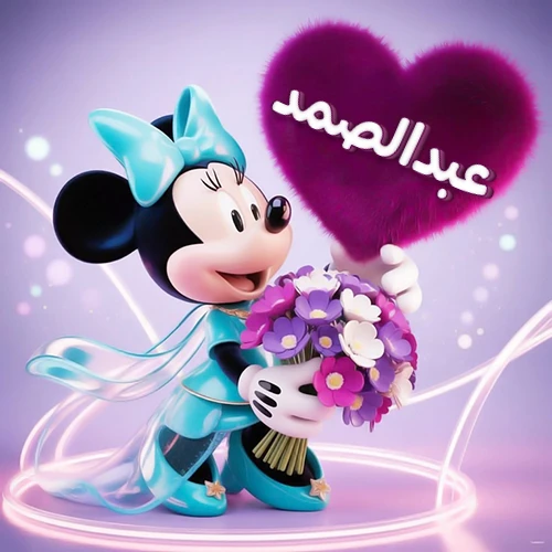 صورة ثلاثية الأبعاد لشخصية ميني ماوس ترتدي فستانًا أزرق سماوي وتزين شعرها بفيونكة بنفس اللون، تحمل باقة زهور بنفسجية وبيضاء وقالب قلب أرجواني كثيف يبرز عليه اسم عبدالصمد بخط أبيض أنيق. خلفية متدرجة بألوان هادئة وإضاءات متوهجة تضفي سحراً خاصاً، مثالية لتهنئة عبدالصمد أو كصورة شخصية تعبيرية.
