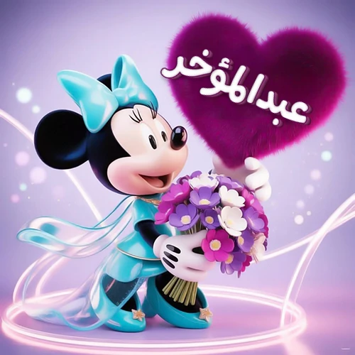 صورة ثلاثية الأبعاد لشخصية ميني ماوس ترتدي فستانًا أزرق سماوي وتزين شعرها بفيونكة بنفس اللون، تحمل باقة زهور بنفسجية وبيضاء وقالب قلب أرجواني كثيف يبرز عليه اسم عبدالمؤخر بخط أبيض أنيق. خلفية متدرجة بألوان هادئة وإضاءات متوهجة تضفي سحراً خاصاً، مثالية لتهنئة عبدالمؤخر أو كصورة شخصية تعبيرية.