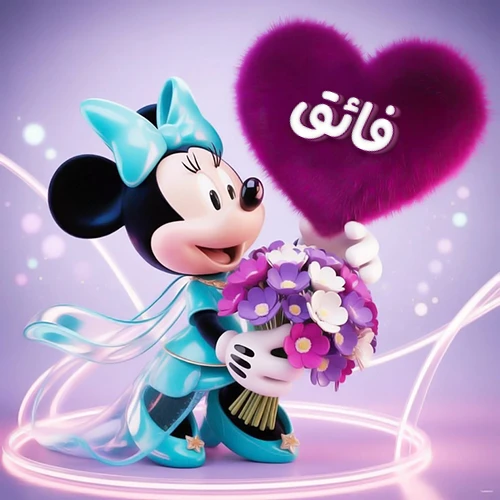 صورة ثلاثية الأبعاد لشخصية ميني ماوس ترتدي فستانًا أزرق سماوي وتزين شعرها بفيونكة بنفس اللون، تحمل باقة زهور بنفسجية وبيضاء وقالب قلب أرجواني كثيف يبرز عليه اسم فائق بخط أبيض أنيق. خلفية متدرجة بألوان هادئة وإضاءات متوهجة تضفي سحراً خاصاً، مثالية لتهنئة فائق أو كصورة شخصية تعبيرية.