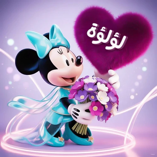 صورة ثلاثية الأبعاد لشخصية ميني ماوس ترتدي فستانًا أزرق سماوي وتزين شعرها بفيونكة بنفس اللون، تحمل باقة زهور بنفسجية وبيضاء وقالب قلب أرجواني كثيف يبرز عليه اسم لؤلؤة بخط أبيض أنيق. خلفية متدرجة بألوان هادئة وإضاءات متوهجة تضفي سحراً خاصاً، مثالية لتهنئة لؤلؤة أو كصورة شخصية تعبيرية.