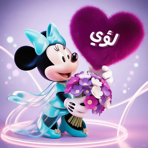 صورة ثلاثية الأبعاد لشخصية ميني ماوس ترتدي فستانًا أزرق سماوي وتزين شعرها بفيونكة بنفس اللون، تحمل باقة زهور بنفسجية وبيضاء وقالب قلب أرجواني كثيف يبرز عليه اسم لؤي بخط أبيض أنيق. خلفية متدرجة بألوان هادئة وإضاءات متوهجة تضفي سحراً خاصاً، مثالية لتهنئة لؤي أو كصورة شخصية تعبيرية.