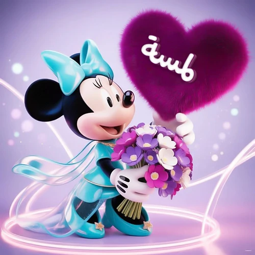 صورة ثلاثية الأبعاد لشخصية ميني ماوس ترتدي فستانًا أزرق سماوي وتزين شعرها بفيونكة بنفس اللون، تحمل باقة زهور بنفسجية وبيضاء وقالب قلب أرجواني كثيف يبرز عليه اسم لمسة بخط أبيض أنيق. خلفية متدرجة بألوان هادئة وإضاءات متوهجة تضفي سحراً خاصاً، مثالية لتهنئة لمسة أو كصورة شخصية تعبيرية.
