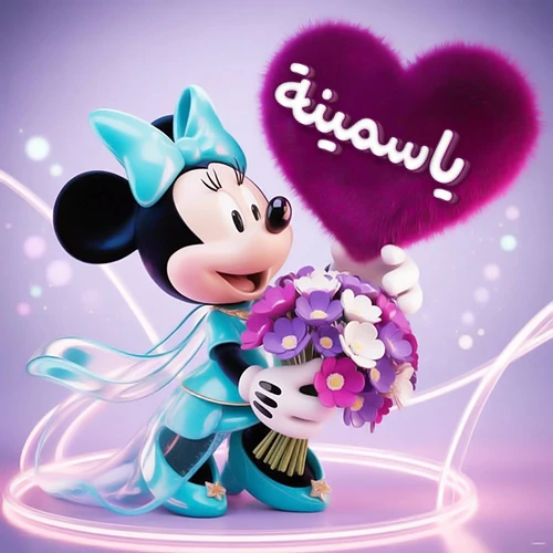 صورة ثلاثية الأبعاد لشخصية ميني ماوس ترتدي فستانًا أزرق سماوي وتزين شعرها بفيونكة بنفس اللون، تحمل باقة زهور بنفسجية وبيضاء وقالب قلب أرجواني كثيف يبرز عليه اسم ياسمينة بخط أبيض أنيق. خلفية متدرجة بألوان هادئة وإضاءات متوهجة تضفي سحراً خاصاً، مثالية لتهنئة ياسمينة أو كصورة شخصية تعبيرية.