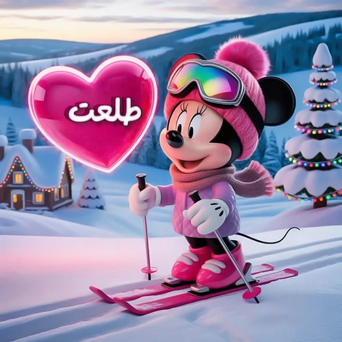 صورة لميني ماوس ترتدي زي التزلج الوردي وتتزلج بسعادة على خلفية جبلية ثلجية مع كابينة مضيئة وشجرة عيد ميلاد. قلب وردي متوهج يحمل اسم طلعت يظهر في الجزء العلوي الأيسر، إلى يسار شخصية ميني ماوس، يعبر عن تحية شتوية شخصية لـ طلعت.