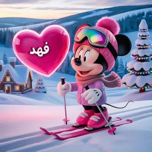 صورة لميني ماوس ترتدي زي التزلج الوردي وتتزلج بسعادة على خلفية جبلية ثلجية مع كابينة مضيئة وشجرة عيد ميلاد. قلب وردي متوهج يحمل اسم فهد يظهر في الجزء العلوي الأيسر، إلى يسار شخصية ميني ماوس، يعبر عن تحية شتوية شخصية لـ فهد.