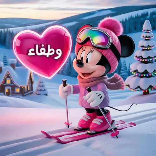 صورة لميني ماوس ترتدي زي التزلج الوردي وتتزلج بسعادة على خلفية جبلية ثلجية مع كابينة مضيئة وشجرة عيد ميلاد. قلب وردي متوهج يحمل اسم وطفاء يظهر في الجزء العلوي الأيسر، إلى يسار شخصية ميني ماوس، يعبر عن تحية شتوية شخصية لـ وطفاء.