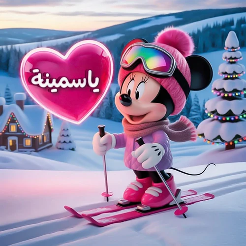 صورة لميني ماوس ترتدي زي التزلج الوردي وتتزلج بسعادة على خلفية جبلية ثلجية مع كابينة مضيئة وشجرة عيد ميلاد. قلب وردي متوهج يحمل اسم ياسمينة يظهر في الجزء العلوي الأيسر، إلى يسار شخصية ميني ماوس، يعبر عن تحية شتوية شخصية لـ ياسمينة.