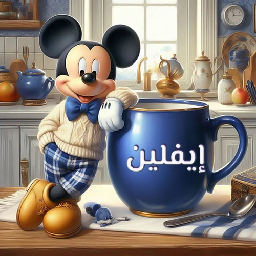 صورة كرتونية جذابة لميكي ماوس يرتدي سترة صوفية ويستند على كوب قهوة أزرق كبير مكتوب عليه اسم إيفلين بخط أبيض واضح، في مشهد صباحي دافئ داخل مطبخ مجهز. هذه الصورة مثالية كخلفية، أو لرسائل صباح الخير التي تحمل اسم إيفلين، وتُضفي طابعاً شخصياً مميزاً.