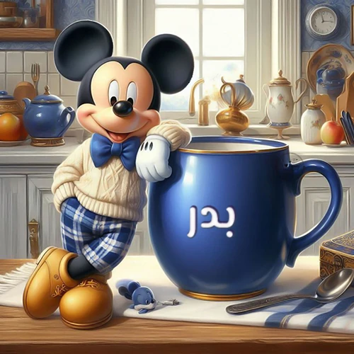 صورة كرتونية جذابة لميكي ماوس يرتدي سترة صوفية ويستند على كوب قهوة أزرق كبير مكتوب عليه اسم بدر بخط أبيض واضح، في مشهد صباحي دافئ داخل مطبخ مجهز. هذه الصورة مثالية كخلفية، أو لرسائل صباح الخير التي تحمل اسم بدر، وتُضفي طابعاً شخصياً مميزاً.