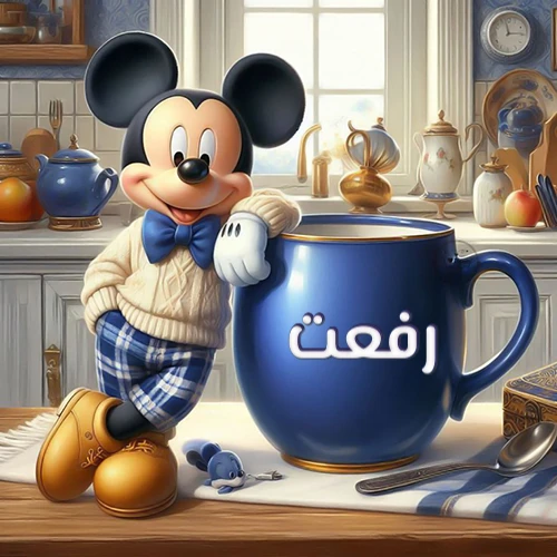 صورة كرتونية جذابة لميكي ماوس يرتدي سترة صوفية ويستند على كوب قهوة أزرق كبير مكتوب عليه اسم رفعت بخط أبيض واضح، في مشهد صباحي دافئ داخل مطبخ مجهز. هذه الصورة مثالية كخلفية، أو لرسائل صباح الخير التي تحمل اسم رفعت، وتُضفي طابعاً شخصياً مميزاً.