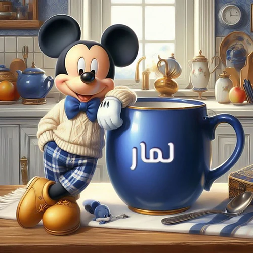 صورة كرتونية جذابة لميكي ماوس يرتدي سترة صوفية ويستند على كوب قهوة أزرق كبير مكتوب عليه اسم لمار بخط أبيض واضح، في مشهد صباحي دافئ داخل مطبخ مجهز. هذه الصورة مثالية كخلفية، أو لرسائل صباح الخير التي تحمل اسم لمار، وتُضفي طابعاً شخصياً مميزاً.