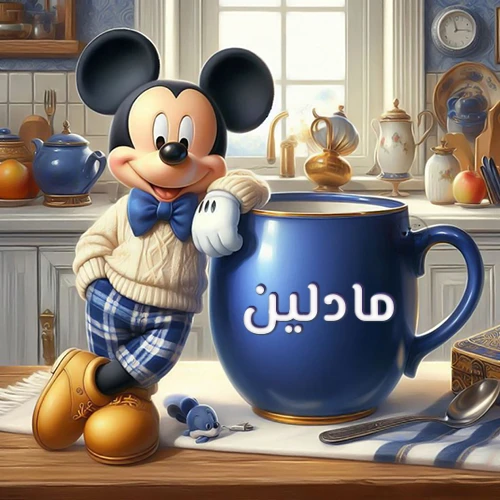 صورة كرتونية جذابة لميكي ماوس يرتدي سترة صوفية ويستند على كوب قهوة أزرق كبير مكتوب عليه اسم مادلين بخط أبيض واضح، في مشهد صباحي دافئ داخل مطبخ مجهز. هذه الصورة مثالية كخلفية، أو لرسائل صباح الخير التي تحمل اسم مادلين، وتُضفي طابعاً شخصياً مميزاً.