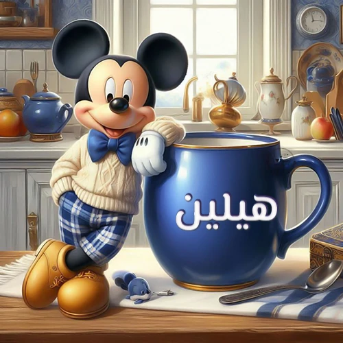 صورة كرتونية جذابة لميكي ماوس يرتدي سترة صوفية ويستند على كوب قهوة أزرق كبير مكتوب عليه اسم هيلين بخط أبيض واضح، في مشهد صباحي دافئ داخل مطبخ مجهز. هذه الصورة مثالية كخلفية، أو لرسائل صباح الخير التي تحمل اسم هيلين، وتُضفي طابعاً شخصياً مميزاً.