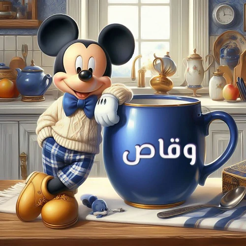 صورة كرتونية جذابة لميكي ماوس يرتدي سترة صوفية ويستند على كوب قهوة أزرق كبير مكتوب عليه اسم وقاص بخط أبيض واضح، في مشهد صباحي دافئ داخل مطبخ مجهز. هذه الصورة مثالية كخلفية، أو لرسائل صباح الخير التي تحمل اسم وقاص، وتُضفي طابعاً شخصياً مميزاً.