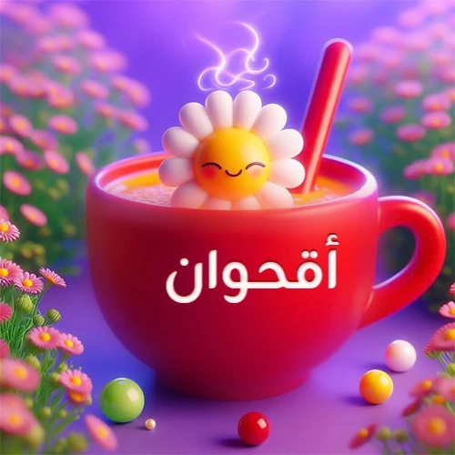 صورة لكوب شاي أو قهوة أحمر دافئ يحمل اسم أقحوان، تطفو فوقه وردة مبتسمة ثلاثية الأبعاد، محاطة بزهور الربيع البنفسجية المتفتحة وحبات حلوى ملونة. تصميم جذاب لصور صباح الخير، بطاقات معايدة، وخلفيات هواتف باسم أقحوان.