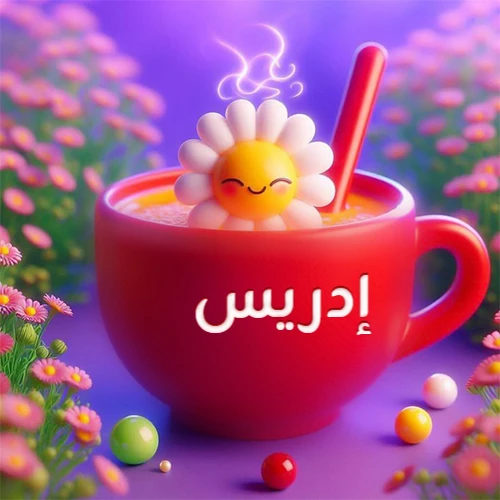 صورة لكوب شاي أو قهوة أحمر دافئ يحمل اسم إدريس، تطفو فوقه وردة مبتسمة ثلاثية الأبعاد، محاطة بزهور الربيع البنفسجية المتفتحة وحبات حلوى ملونة. تصميم جذاب لصور صباح الخير، بطاقات معايدة، وخلفيات هواتف باسم إدريس.