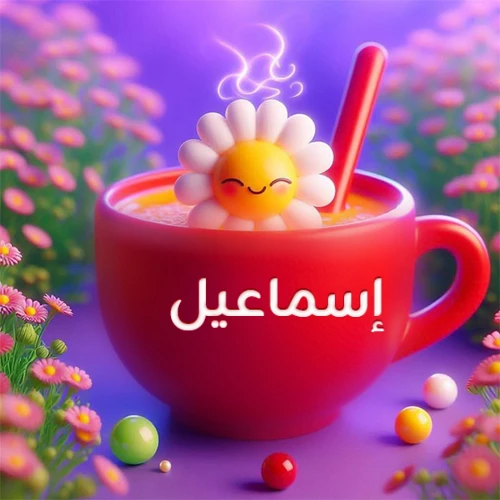 صورة لكوب شاي أو قهوة أحمر دافئ يحمل اسم إسماعيل، تطفو فوقه وردة مبتسمة ثلاثية الأبعاد، محاطة بزهور الربيع البنفسجية المتفتحة وحبات حلوى ملونة. تصميم جذاب لصور صباح الخير، بطاقات معايدة، وخلفيات هواتف باسم إسماعيل.