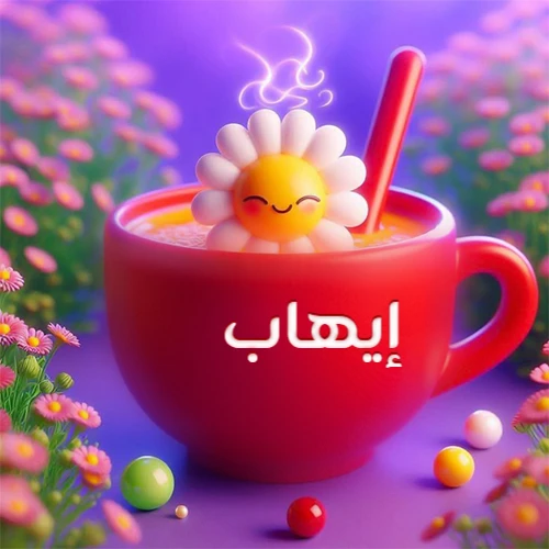 صورة لكوب شاي أو قهوة أحمر دافئ يحمل اسم إيهاب، تطفو فوقه وردة مبتسمة ثلاثية الأبعاد، محاطة بزهور الربيع البنفسجية المتفتحة وحبات حلوى ملونة. تصميم جذاب لصور صباح الخير، بطاقات معايدة، وخلفيات هواتف باسم إيهاب.