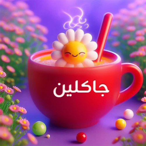 صورة لكوب شاي أو قهوة أحمر دافئ يحمل اسم جاكلين، تطفو فوقه وردة مبتسمة ثلاثية الأبعاد، محاطة بزهور الربيع البنفسجية المتفتحة وحبات حلوى ملونة. تصميم جذاب لصور صباح الخير، بطاقات معايدة، وخلفيات هواتف باسم جاكلين.